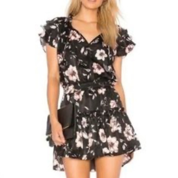 Misa Los Angeles Cecelia Black Floral Mini Dress Small Ruched V-neck Feminine - Picture 1 of 13